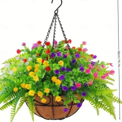 Outdoor Hanging Planter with Artificial Flowers - UV Resistant Rose, Eucalyptus Plants, Faux Plastic Greenery, Gypsophila for Indoor Garden, Porch, Window Box, Home Wedding Deco