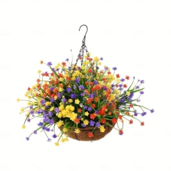 Outdoor Hanging Planter with Artificial Flowers - UV Resistant Rose, Eucalyptus Plants, Faux Plastic Greenery, Gypsophila for Indoor Garden, Porch, Window Box, Home Wedding Deco