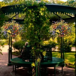 Outdoor Hanging Planter with Artificial Flowers - UV Resistant Rose, Eucalyptus Plants, Faux Plastic Greenery, Gypsophila for Indoor Garden, Porch, Window Box, Home Wedding Deco