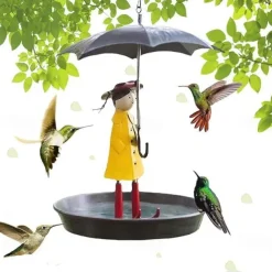 Outdoor Iron Hanging Bird Feeder, Umbrella Girl Bird Feeder, Garden Patio Bird Feeding Station, Metal Craft Ornament for Outdoor Decor