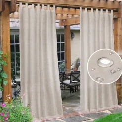 Outdoor Linen Sheer Curtains for Patio Waterproof Indoor/Outdoor Divider Privacy Added Light Filtering Porch Decor with Detachable Self-Stick Tab Top for Gazebo/Cabana, Natural, 2 Panels