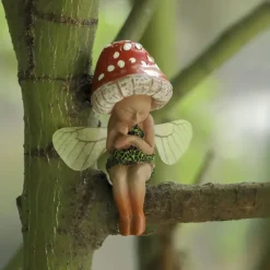 Outdoor Sleeping Little Forest Mushroom Fairy Resin Statue Decoration, Mini Hand Painted Resin Crafts Ornament for Home Garden Office