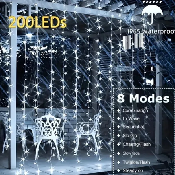 Outdoor Solar Curtain String Light, 3 * 3M-300LED/3 * 2M-200LED/3 * 1M-100LED, 8 Lighting Modes, IP65 Waterproof, Suitable for Home Garden, Porch, Backyard Wedding Parties, Thanksgiving Christmas