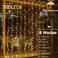 Outdoor Solar Curtain String Light, 3 * 3M-300LED/3 * 2M-200LED/3 * 1M-100LED, 8 Lighting Modes, IP65 Waterproof, Suitable for Home Garden, Porch, Backyard Wedding Parties, Thanksgiving Christmas
