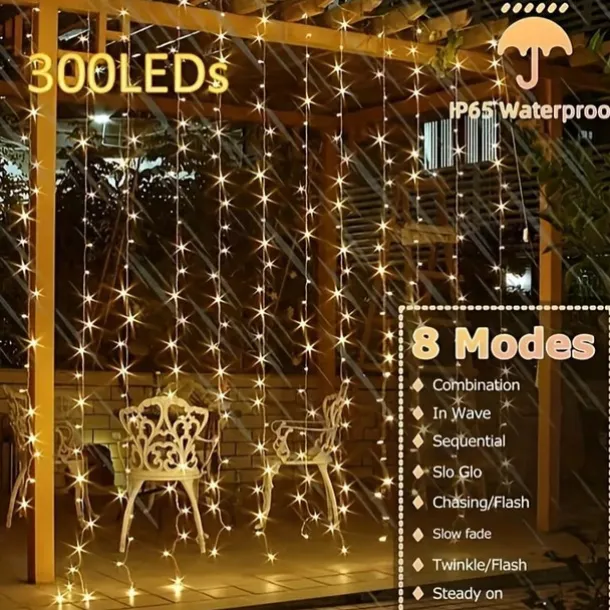 Outdoor Solar Curtain String Light, 3 * 3M-300LED/3 * 2M-200LED/3 * 1M-100LED, 8 Lighting Modes, IP65 Waterproof, Suitable for Home Garden, Porch, Backyard Wedding Parties, Thanksgiving Christmas