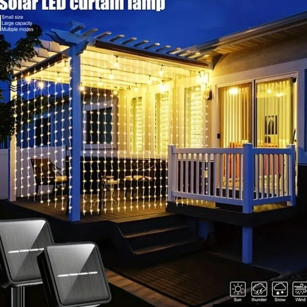 Outdoor Solar Curtain String Light, 3 * 3M-300LED/3 * 2M-200LED/3 * 1M-100LED, 8 Lighting Modes, IP65 Waterproof, Suitable for Home Garden, Porch, Backyard Wedding Parties, Thanksgiving Christmas