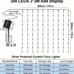 Outdoor Solar Curtain String Light, 3 * 3M-300LED/3 * 2M-200LED/3 * 1M-100LED, 8 Lighting Modes, IP65 Waterproof, Suitable for Home Garden, Porch, Backyard Wedding Parties, Thanksgiving Christmas