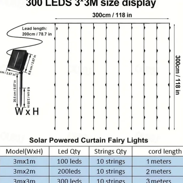 Outdoor Solar Curtain String Light, 3 * 3M-300LED/3 * 2M-200LED/3 * 1M-100LED, 8 Lighting Modes, IP65 Waterproof, Suitable for Home Garden, Porch, Backyard Wedding Parties, Thanksgiving Christmas