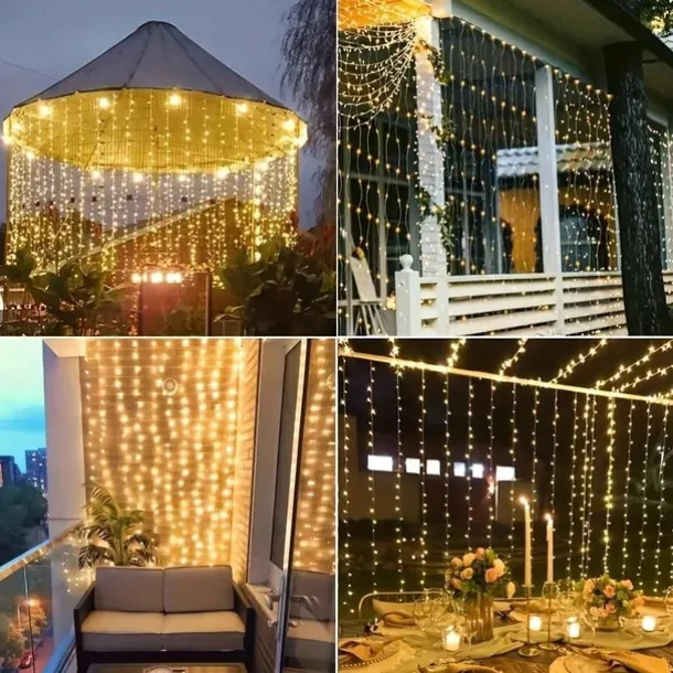 Outdoor Solar Curtain String Light, 3 * 3M-300LED/3 * 2M-200LED/3 * 1M-100LED, 8 Lighting Modes, IP65 Waterproof, Suitable for Home Garden, Porch, Backyard Wedding Parties, Thanksgiving Christmas