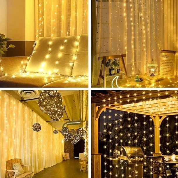 Outdoor Solar Curtain String Light, 3 * 3M-300LED/3 * 2M-200LED/3 * 1M-100LED, 8 Lighting Modes, IP65 Waterproof, Suitable for Home Garden, Porch, Backyard Wedding Parties, Thanksgiving Christmas