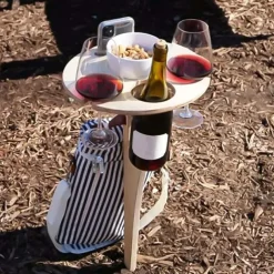 Outdoor Wine Table, Folding Wine Table Stake, Outdoor Wine Picnic Table, Portable Wine Glasses & Bottle Holder, Snack and Cheese Holder Tray for Backyard Camping, Beach, Wood Wine Rack