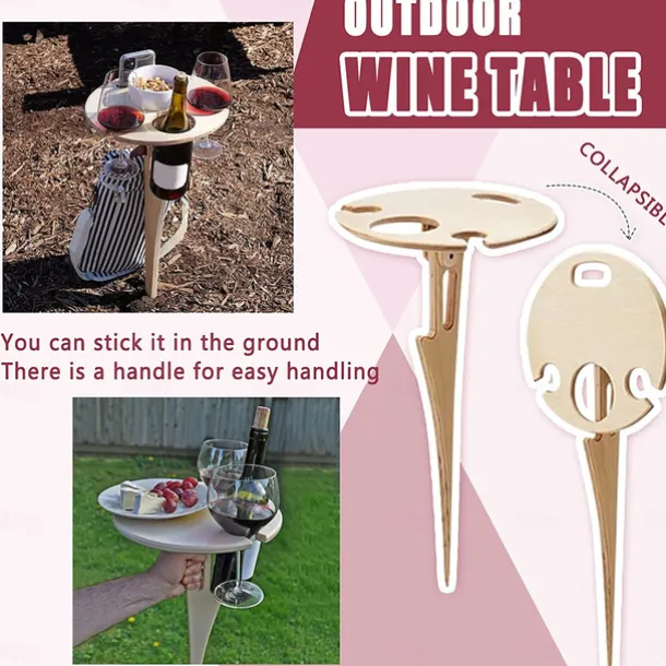Outdoor Wine Table, Folding Wine Table Stake, Outdoor Wine Picnic Table, Portable Wine Glasses & Bottle Holder, Snack and Cheese Holder Tray for Backyard Camping, Beach, Wood Wine Rack