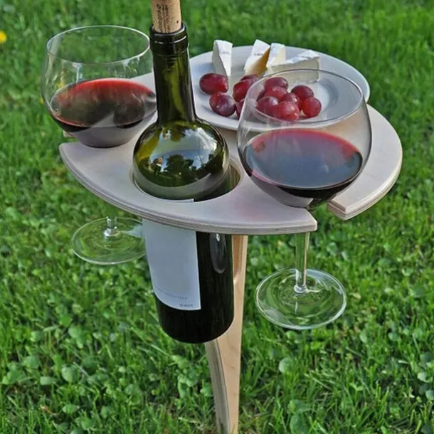 Outdoor Wine Table, Folding Wine Table Stake, Outdoor Wine Picnic Table, Portable Wine Glasses & Bottle Holder, Snack and Cheese Holder Tray for Backyard Camping, Beach, Wood Wine Rack