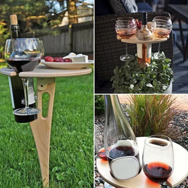 Outdoor Wine Table, Folding Wine Table Stake, Outdoor Wine Picnic Table, Portable Wine Glasses & Bottle Holder, Snack and Cheese Holder Tray for Backyard Camping, Beach, Wood Wine Rack