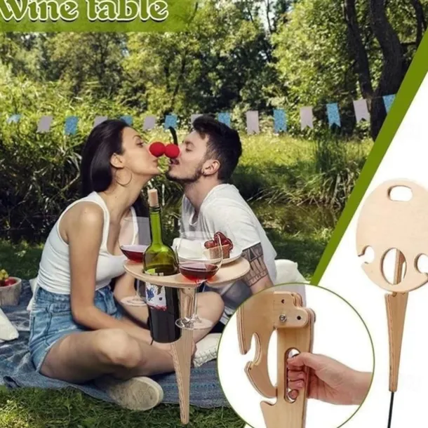 Outdoor Wine Table, Folding Wine Table Stake, Outdoor Wine Picnic Table, Portable Wine Glasses & Bottle Holder, Snack and Cheese Holder Tray for Backyard Camping, Beach, Wood Wine Rack
