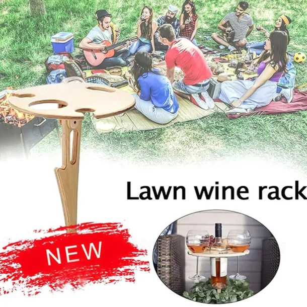 Outdoor Wine Table, Folding Wine Table Stake, Outdoor Wine Picnic Table, Portable Wine Glasses & Bottle Holder, Snack and Cheese Holder Tray for Backyard Camping, Beach, Wood Wine Rack