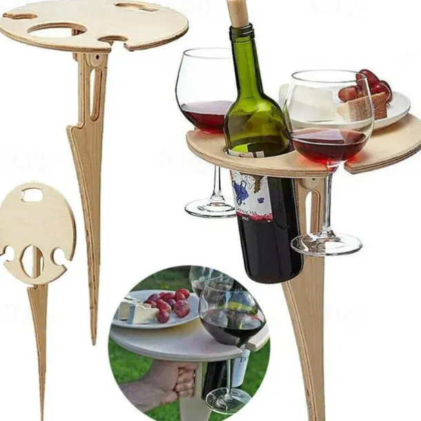 Outdoor Wine Table,Round Folding Wine Table,Wooden Picnic Camping Table Beach Table ,Champagne Picnic Table for Outdoors Park Lawn Beach Picnic Wine Glass Holder Travel