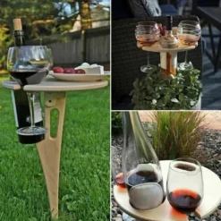 Outdoor Wine Table,Round Folding Wine Table,Wooden Picnic Camping Table Beach Table ,Champagne Picnic Table for Outdoors Park Lawn Beach Picnic Wine Glass Holder Travel