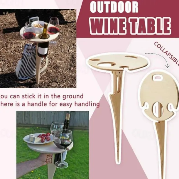 Outdoor Wine Table,Round Folding Wine Table,Wooden Picnic Camping Table Beach Table ,Champagne Picnic Table for Outdoors Park Lawn Beach Picnic Wine Glass Holder Travel