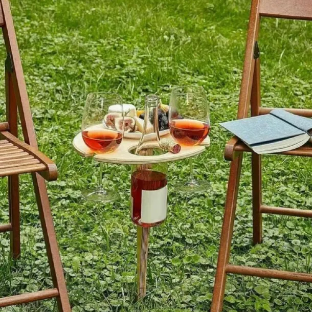 Outdoor Wine Table,Round Folding Wine Table,Wooden Picnic Camping Table Beach Table ,Champagne Picnic Table for Outdoors Park Lawn Beach Picnic Wine Glass Holder Travel