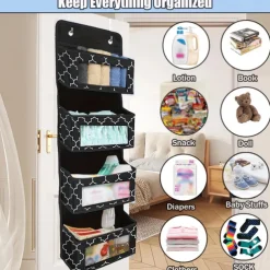Over-the-Door Storage Bag: Featuring Floral and Solid Black Designs with White Borders, Equipped with 2 Hooks for Hanging, 4 Large Capacity Pockets for Filling, Suitable for Closets, Bathrooms, Nurseries, Bedrooms, Dormitories