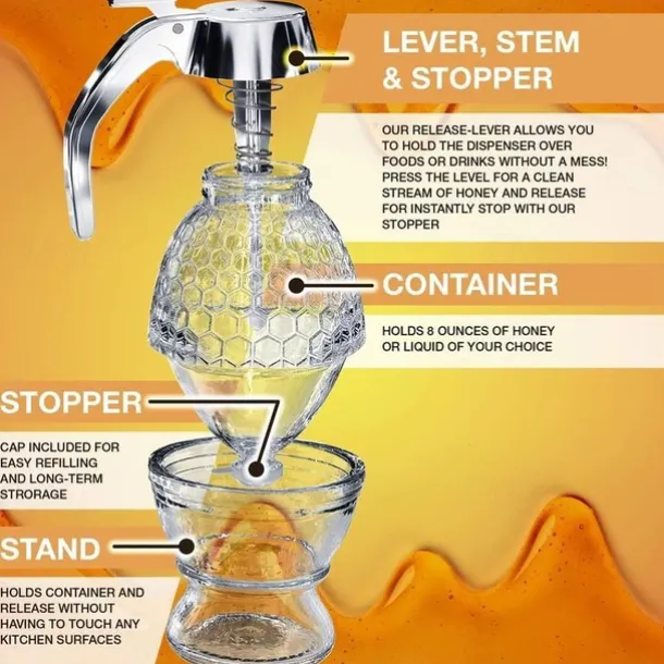8oz Capacity Honey Dispenser with No-Drip Maple Syrup & Honey Comb Shaped Pot - Perfect for Home Storage!