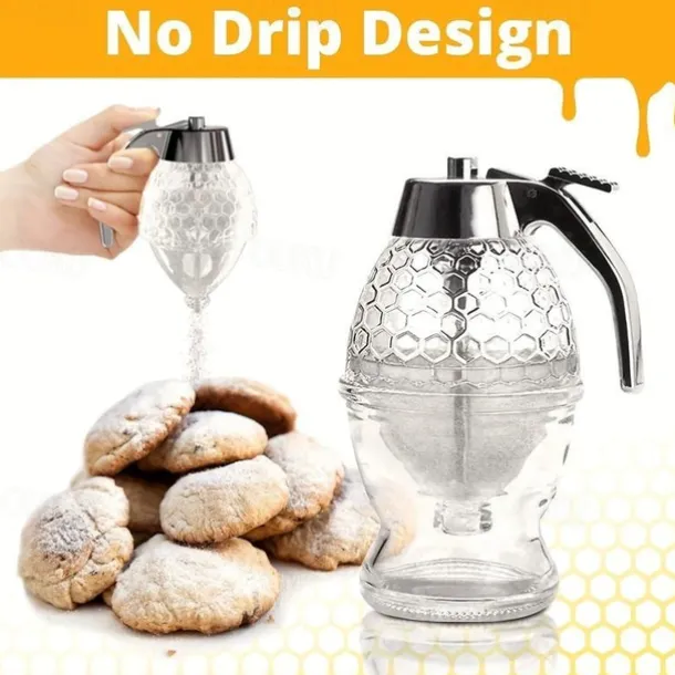 8oz Capacity Honey Dispenser with No-Drip Maple Syrup & Honey Comb Shaped Pot - Perfect for Home Storage!