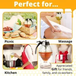 8oz Capacity Honey Dispenser with No-Drip Maple Syrup & Honey Comb Shaped Pot - Perfect for Home Storage!