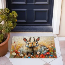 Painting Easter Rabbits Flowers Doormat Floor Mats Washable Rugs Kitchen Mat Non-Slip Oil Proof Rug Indoor Outdoor Mat Bedroom Decor Bathroom Mat Entrance Rug