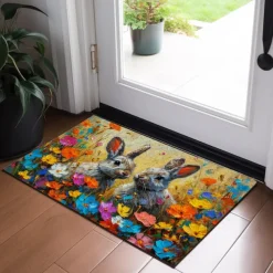 Painting Easter Rabbits Flowers Doormat Floor Mats Washable Rugs Kitchen Mat Non-Slip Oil Proof Rug Indoor Outdoor Mat Bedroom Decor Bathroom Mat Entrance Rug
