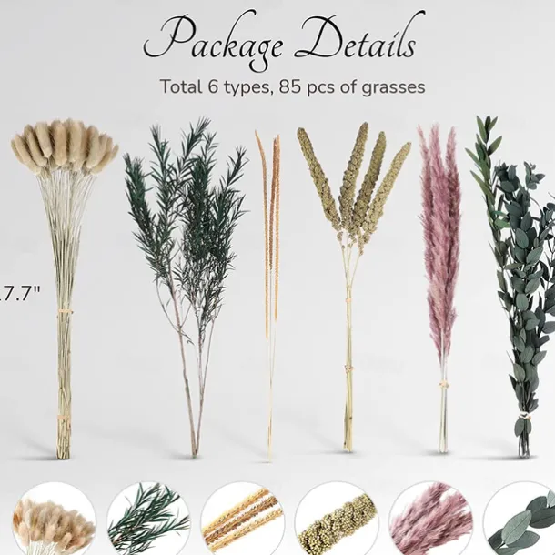 Pampas Grass Decor Set - Natural Dried Flowers for DIY Arrangements, Non-Toxic Home & Wedding Decor, Use without Power