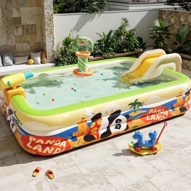 Panda Inflatable Pool for Adults - 3-Layer Rectangular Outdoor Summer Cooler with Slide, Built-in Seats & Palm Tree Design, Portable No-Electricity Backyard Party Pool for Holidays, Birthdays