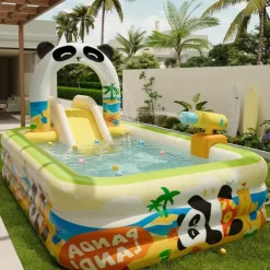 Panda Inflatable Pool for Adults - 3-Layer Rectangular Outdoor Summer Cooler with Slide, Built-in Seats & Palm Tree Design, Portable No-Electricity Backyard Party Pool for Holidays, Birthdays