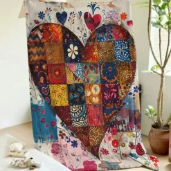Patchwork Heart Pattern Throws Blanket Flannel Throw Blankets Warm All Seasons Gifts Big Blanket