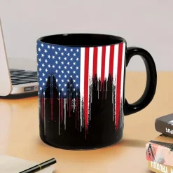 Patriotic American Flag Mug Dripping USA Flag Design Black 11oz Coffee Cup Independence Day Veterans Military Gift for Men Women Dad Mom July 4th Christmas