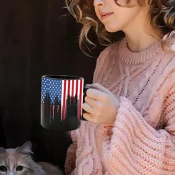 Patriotic American Flag Mug Dripping USA Flag Design Black 11oz Coffee Cup Independence Day Veterans Military Gift for Men Women Dad Mom July 4th Christmas