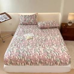 1Pc 100% Cotton Bed Fitted Sheet With Small Fragmented Flower Bed Cover Elastic Mattress Cover For Single Or Double Deluxe Double Bed Cover Available In Multiple Sizes