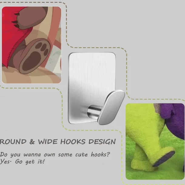 1pc Adhesive Towel Hooks on Wall: Robe Hooks for Hanging Clothes Hats Stick on Bathroom/Kitchen SUS 304 Stainless Steel Silver Black Hooks