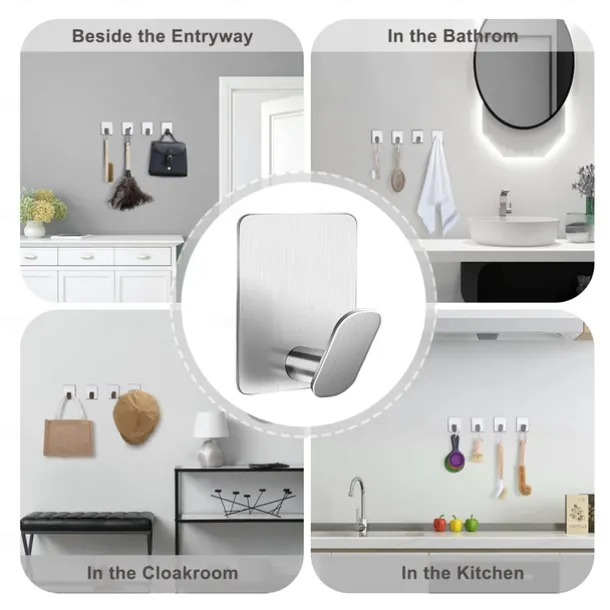 1pc Adhesive Towel Hooks on Wall: Robe Hooks for Hanging Clothes Hats Stick on Bathroom/Kitchen SUS 304 Stainless Steel Silver Black Hooks