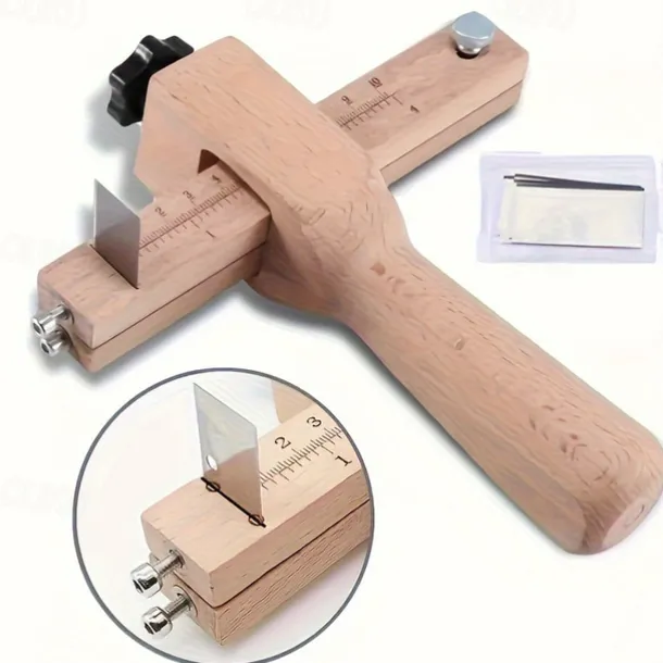 1pc Adjustable Wooden Leather Strap Maker with 5 Replacement Blades for DIY Leathercraft and Gardening Tools Craft Belt Cutter