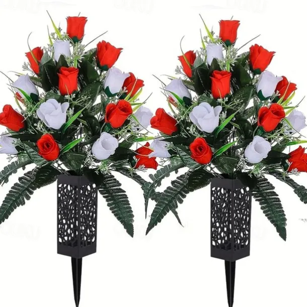 1pc Artificial Cemetery Flowers, Rose Flowers, Outdoor Grave Decorations Roses, Lasting & Non-Bleed Colors, Red & White, Without Cemetery Vase