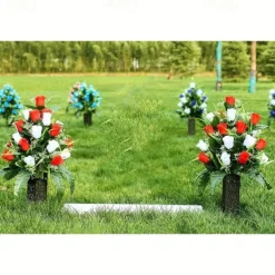 1pc Artificial Cemetery Flowers, Rose Flowers, Outdoor Grave Decorations Roses, Lasting & Non-Bleed Colors, Red & White, Without Cemetery Vase