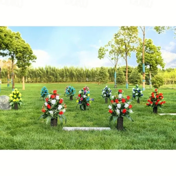 1pc Artificial Cemetery Flowers, Rose Flowers, Outdoor Grave Decorations Roses, Lasting & Non-Bleed Colors, Red & White, Without Cemetery Vase