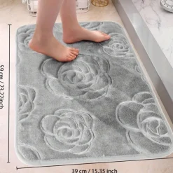 1pc Bath Rugs, Rose Flower Patterned Bathroom Bath Mat Flannel Non-slip Carpet Bathtub Floor Rug Shower Room Doormat Memory Foam Mat Washable Carpet