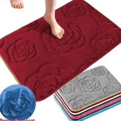 1pc Bath Rugs, Rose Flower Patterned Bathroom Bath Mat Flannel Non-slip Carpet Bathtub Floor Rug Shower Room Doormat Memory Foam Mat Washable Carpet