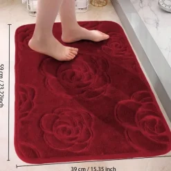 1pc Bath Rugs, Rose Flower Patterned Bathroom Bath Mat Flannel Non-slip Carpet Bathtub Floor Rug Shower Room Doormat Memory Foam Mat Washable Carpet