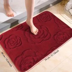 1pc Bath Rugs, Rose Flower Patterned Bathroom Bath Mat Flannel Non-slip Carpet Bathtub Floor Rug Shower Room Doormat Memory Foam Mat Washable Carpet