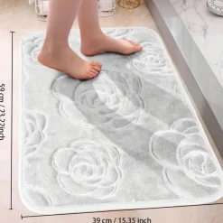 1pc Bath Rugs, Rose Flower Patterned Bathroom Bath Mat Flannel Non-slip Carpet Bathtub Floor Rug Shower Room Doormat Memory Foam Mat Washable Carpet