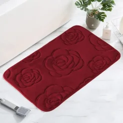 1pc Bath Rugs, Rose Flower Patterned Bathroom Bath Mat Flannel Non-slip Carpet Bathtub Floor Rug Shower Room Doormat Memory Foam Mat Washable Carpet