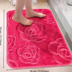 1pc Bath Rugs, Rose Flower Patterned Bathroom Bath Mat Flannel Non-slip Carpet Bathtub Floor Rug Shower Room Doormat Memory Foam Mat Washable Carpet
